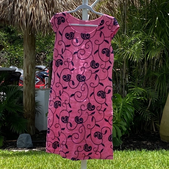 Italian 100% linen dress with navy blue embroidered detail cap sleeves, pockets - Picture 2 of 12